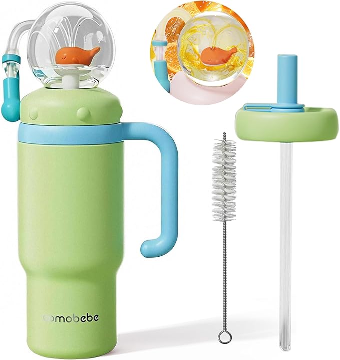 Insulated Whale Fountain Cup, 24 oz Stainless Steel Travel Mug with Handle, Leak-Proof Straw Cup, 2025 model - Washable. Suitable for children, teenagers and adults (green)