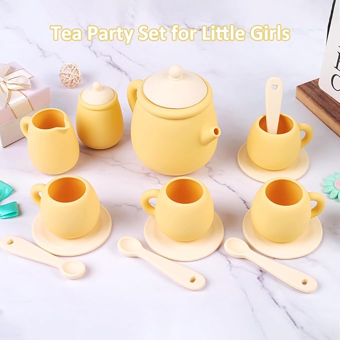 MCGMITT Toy Tea Set, Silicone Tea Party Set for Little Girls Boys, 15 Pcs BPA Free Dishwasher Safe Pretend Tea Set for Toddlers Kids Age 3-6, Non Breakable Cute Toy Kitchen Accessories for Children