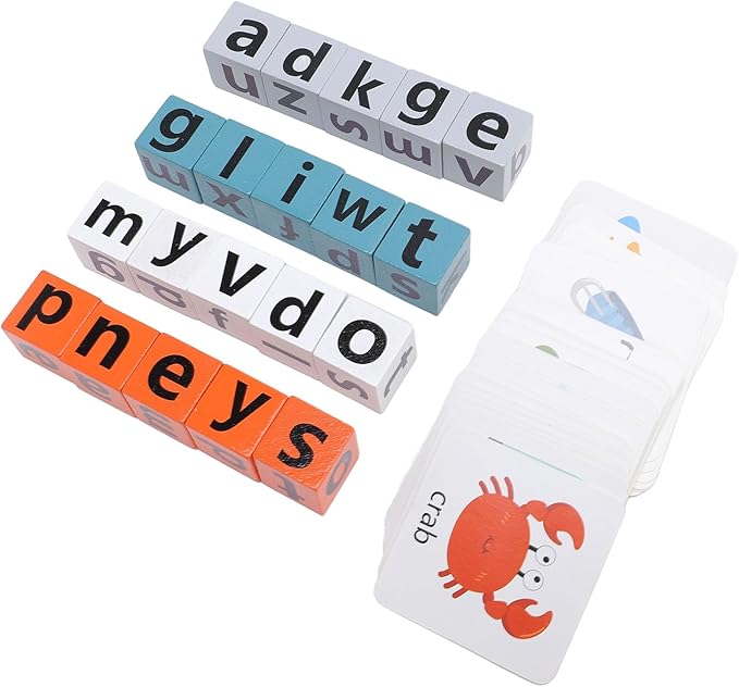 Premium Wooden Alphabet Stacking Blocks, Educational Toys for Toddlers, Improve Vocabulary Early Learning ABC Letter Blocks for Learning English Speaking and Listening Skills, Wood + Paper