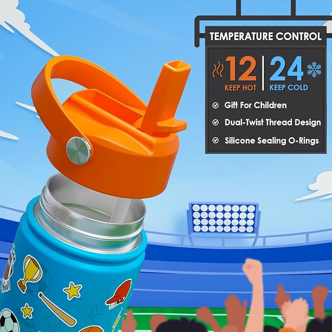 Sport Kids Water Bottle With Straw Lid 12oz Insulated Stainless Steel, Travel Tumbler, Gifts For Boys, Birthday, Christmas, Back To School