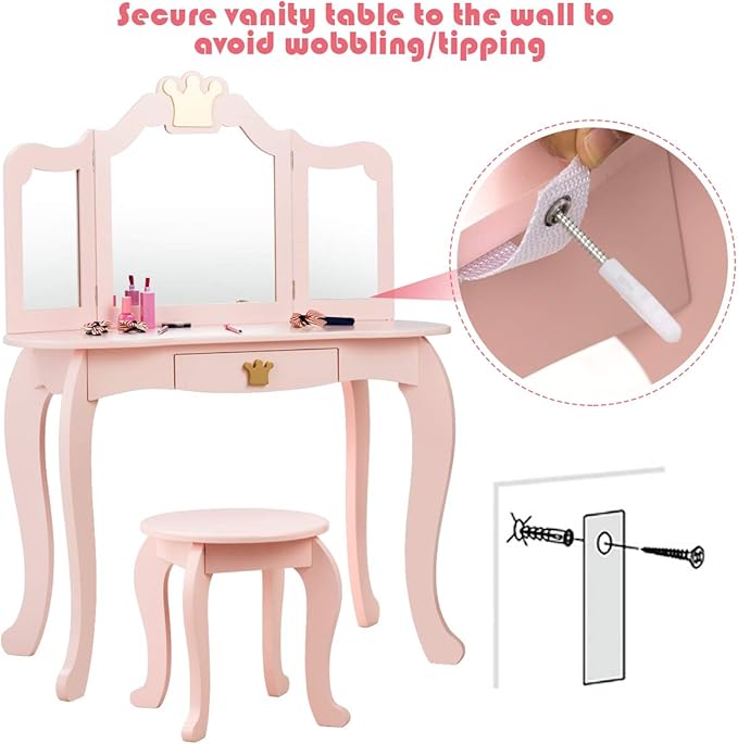 Costzon Kids Vanity Table and Chair Set, Princess Makeup Dressing Table with Drawer & Tri-Folding Mirror, 2 in 1 Vanity Set with Detachable Top, Pretend Beauty Play Vanity Set for Girls (Pink)