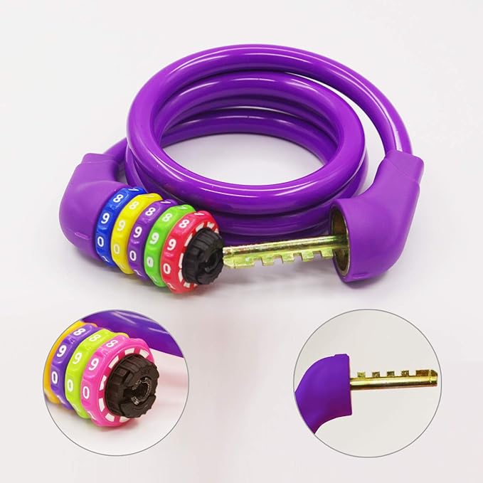 Bike Lock Cable Resettable Cable Lock Self Coiling 5 Digit Combination Bike Lock 4 Feet 120cm (Purple)