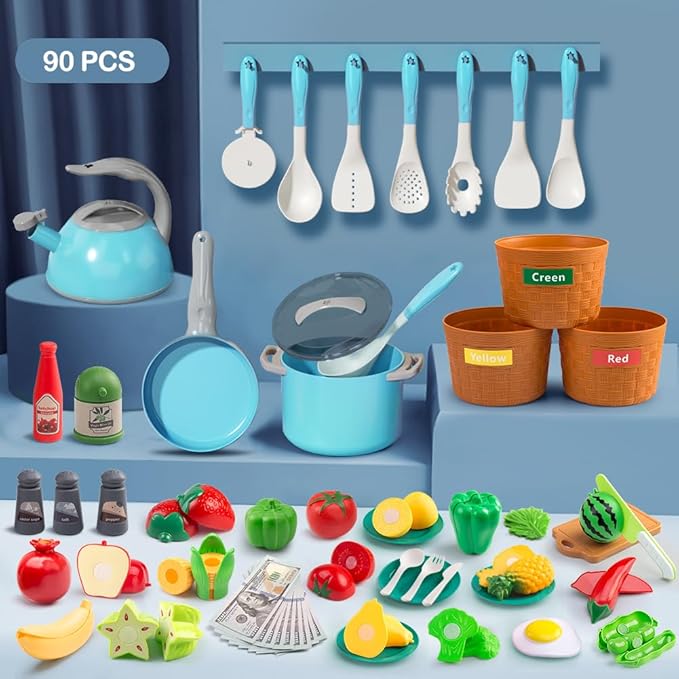 90Pcs Kitchen Playset Accessories, Pretend Cooking with Pots, Pans, Cookware, Food, Fruit, Veges, Color Sorting Baskets, Prop Money, Learning Gift for Girls Boys Toddlers (Turquoise)