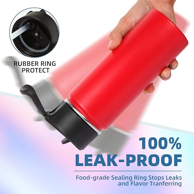 Volhoply 16 OZ Kids Water Bottle Bulk 2 Pack,Insulated Sports Bottles with Straw Lid,Stainless Steel Bottle with Handle Keep Cold & Hot,Double Wall Vacuum Tumbler Cups for School,Girls(Red, 2)