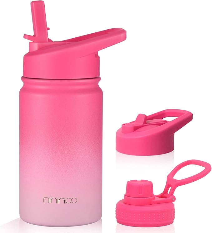 Mininoo Insulated Kids Water Bottle, 12 oz Stainless Steel Water Bottle Kids with Straw Lid and Chug Lid for Girls, Boys (Sweat Peach)