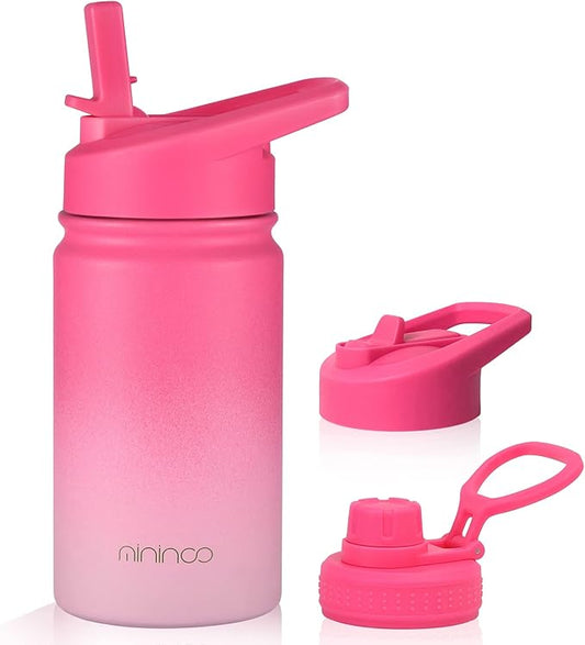 Mininoo Insulated Kids Water Bottle, 12 oz Stainless Steel Water Bottle Kids with Straw Lid and Chug Lid for Girls, Boys (Sweat Peach)