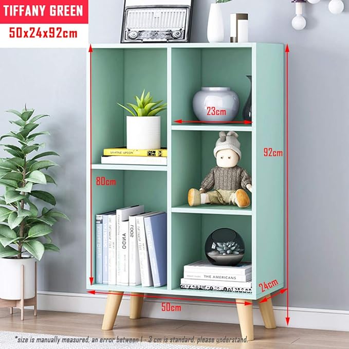 IOTXY Wooden Open Shelf Bookcase - 3-Tier Floorstanding Display Cabinet Rack with Legs, 5 Cubes Free Standing Bookshelf, Tiffany-Green