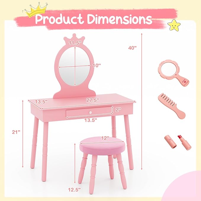 HONEY JOY Pink Crown Makeup Vanity, Includes Chair & Real Glass Mirror, Large Engineered Wood Kids' Vanity Set, Safe & Sturdy, Easy to Install & Clean, Pink