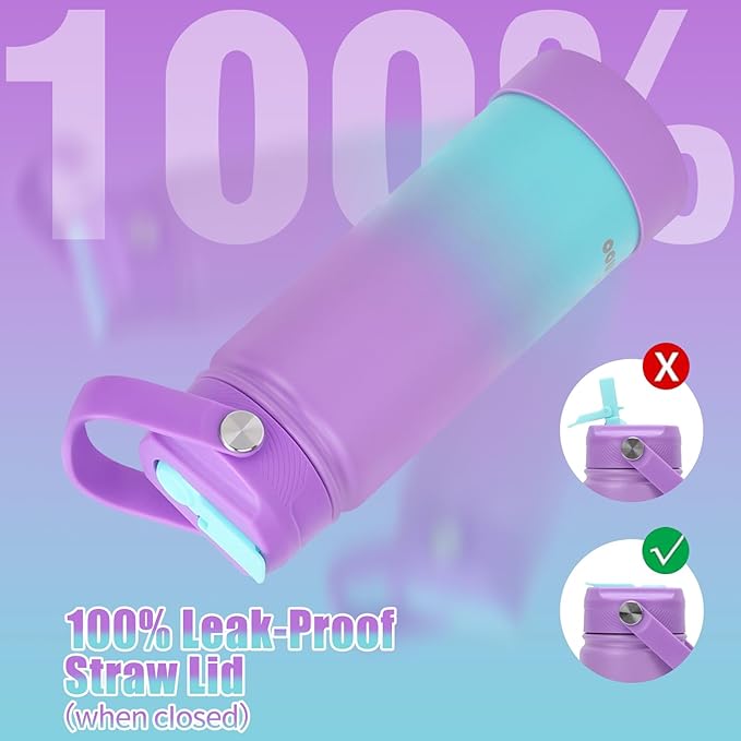 Mininoo Insulated Stainless Steel Kids Water Bottle for School with Straw Lid & Strap, 50 Stickers, 18 oz(Purple/Sky)