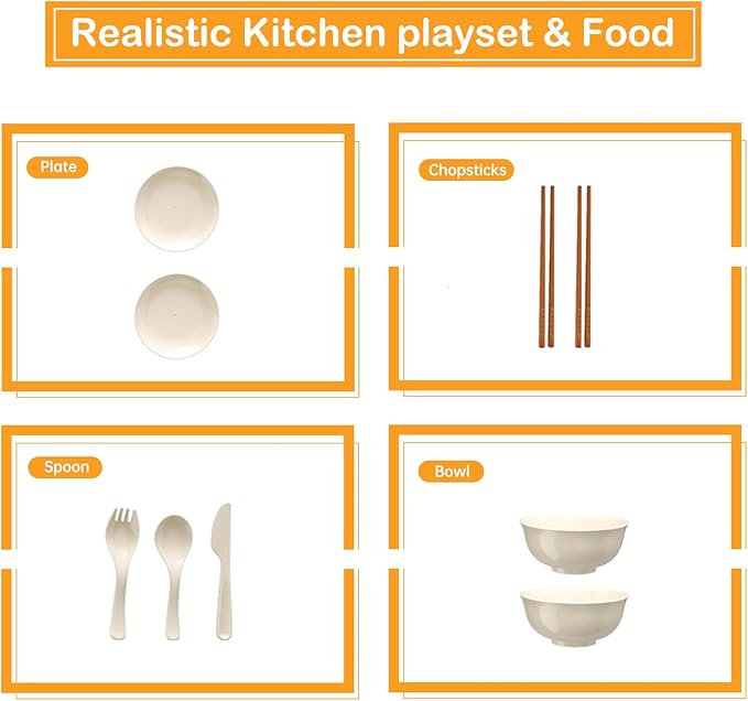 Bruvoalon 32Pcs Kids Play Kitchen Toys Set, Toddlers Pretend Cooking Playset Acccessories with Pots Pans, Utensils Cookware, Foods, Canned Veges, Learning Gift for Kids Girls Boys (White)