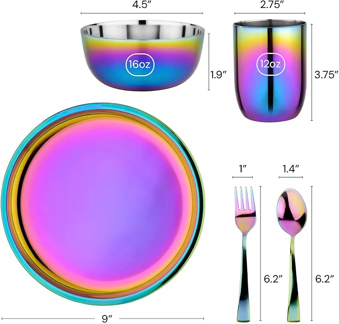 Ahimsa Stainless Steel Kids Dishes, Pediatrician Designed Complete 5 Piece Kids Plates and Bowls Set, Non Toxic & Unbreakable Stainless Steel Plate, Cup and Kid Utensils, Rainbow