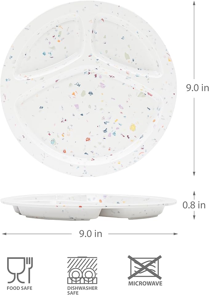 Bzyoo 9-Inch Melamine Divided Plates – 3-Section Portion Control Plates, Food Safe & Durable, Lightweight & Unbreakable, Reusable Tableware for Kids, Big Kids & Everyday Meals, Confetti White