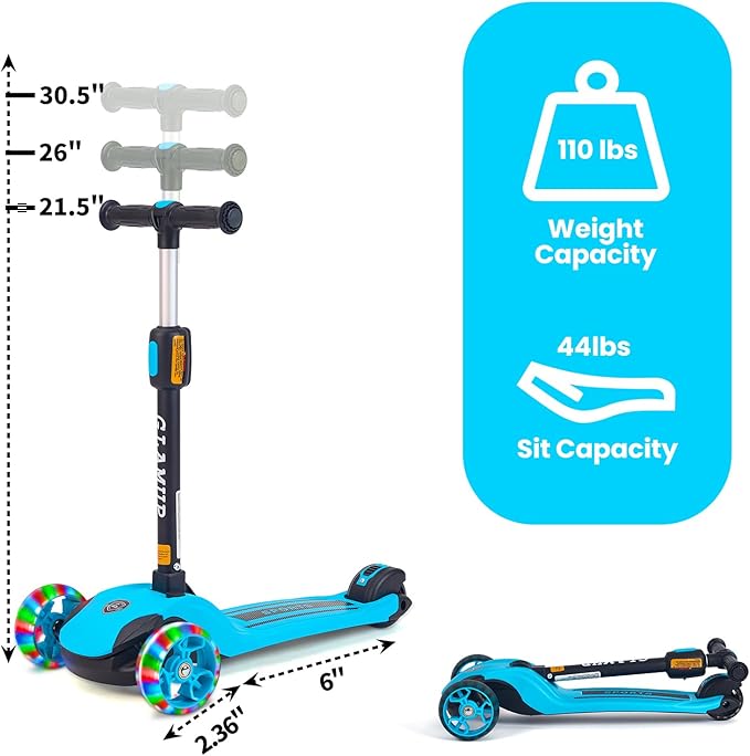 GLAMUP Kids Kick Scooter 3 Wheels, Kids Scooter Height Adjustable Handlebar, Lean-to-Steer System & Easy-Folding Mechanism, Ages 3-14 Boys and Girls