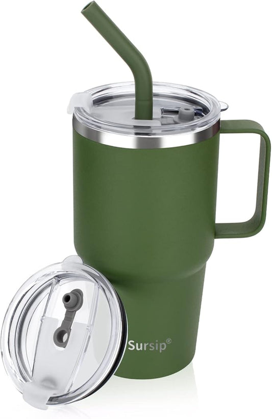 Kids Insulated Tumbler with Handle and Straw, 24 oz Stainless Steel Tumbler for Boys Girls Leak-proof Lid Keep Cold Heat and Ice, Gifts for Children Cups(Olive Green-1 Pack)