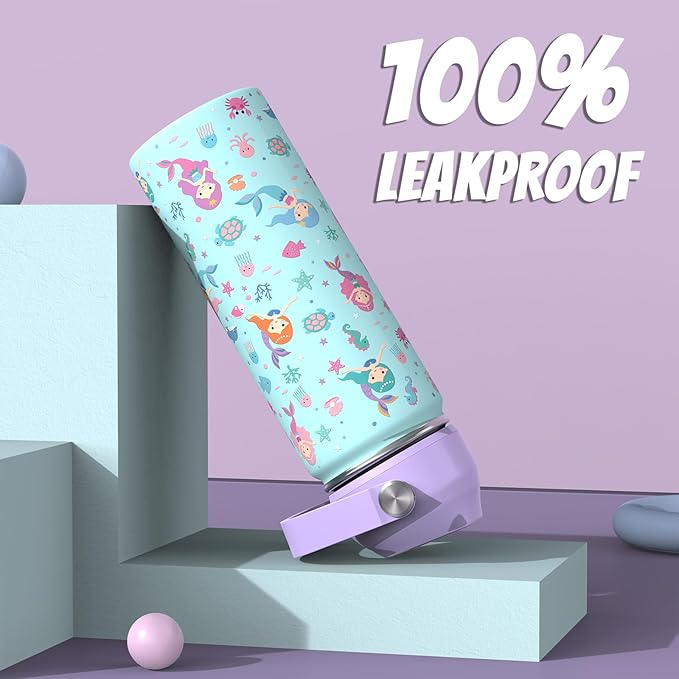 18oz Kids Insulated Water Bottle with Straw Lid - 18/8 Stainless Steel Kid Cup Travel Tumbler Double Wall Vacuum Leak Proof Portable Toddler Water Bottle (Rainbow + Mermaid)