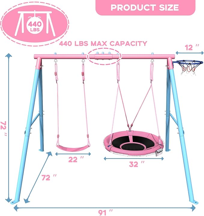 4-in-1 Swing Set 440lbs, Outdoor Swing Sets for Backyard for Kids, 1 Saucer 32", 1 Belt Swing, 1 Basketball Hoop & 1 Led Light with Heavy Duty Metal A-Frame Stand & Anchors for playset
