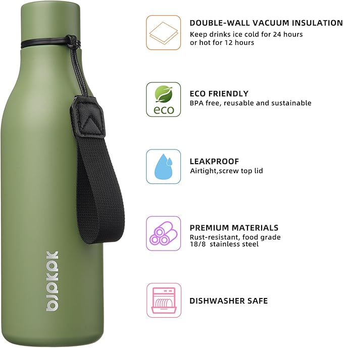 BJPKPK Insulated Water Bottles, 18 oz Stainless Steel Metal Water Bottle with Strap, BPA Free Leak Proof Thermo, Mugs, Flasks, Reusable Water Bottle for Sports & Travel, Forest Green