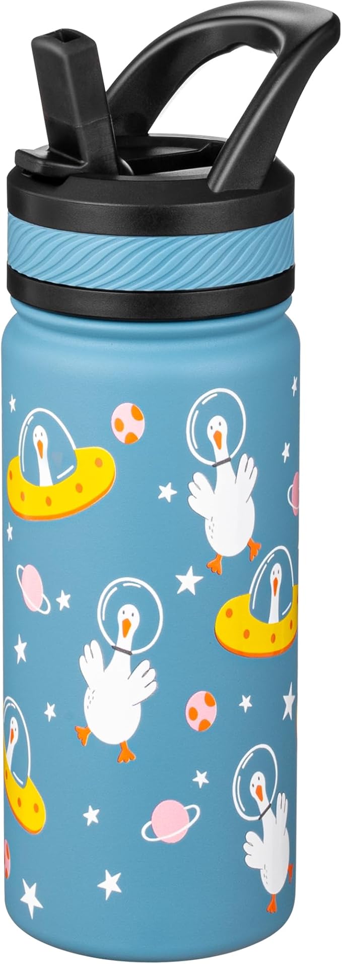 Fanhaw 18 Oz Kids Insulated Water Bottle with Straw - Stainless Steel Double Wall Vacuum Cup, Leakproof, BPA Free, Suitable for Boys and Girls(Cyan - Duck in Space)