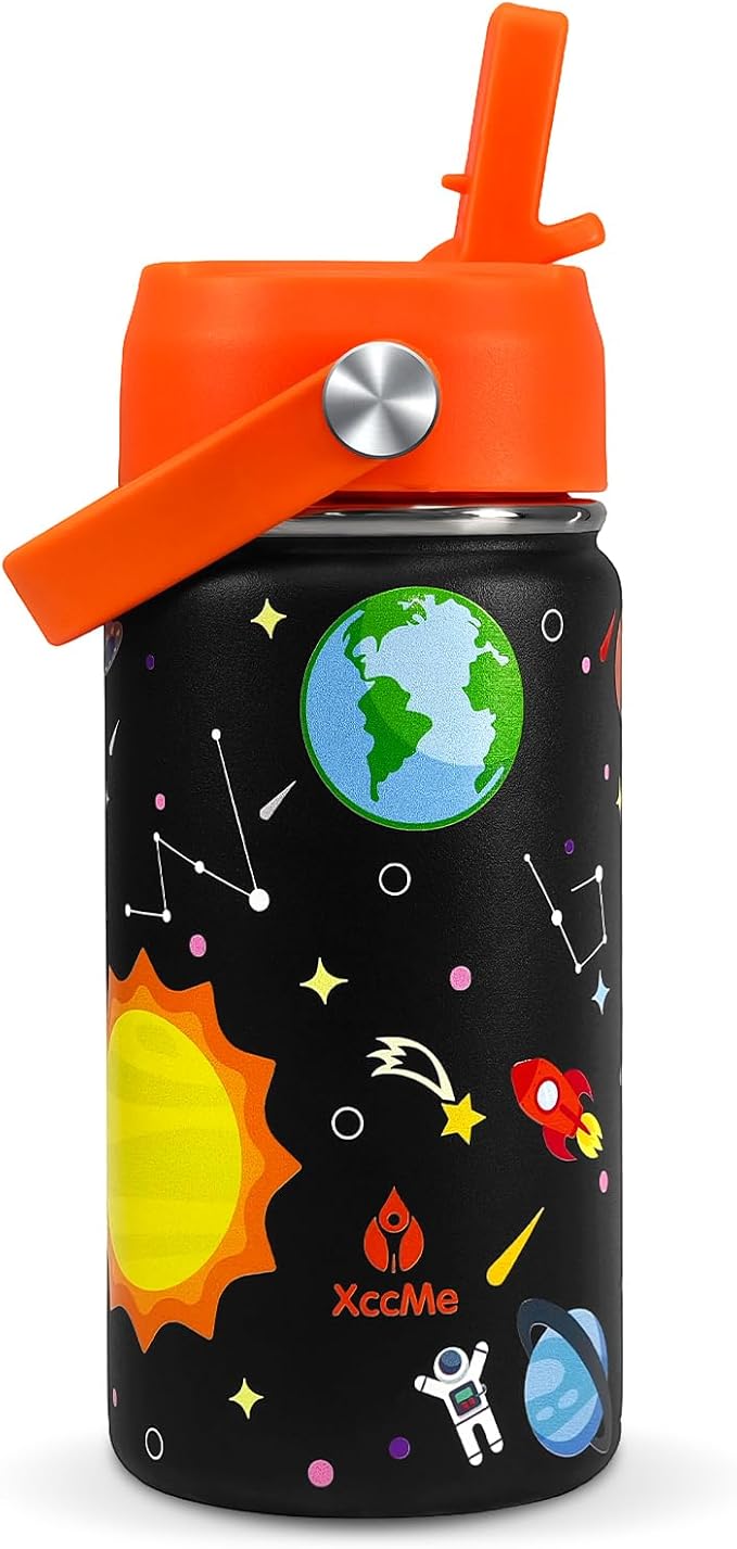 Kids Water Bottle With Straw Lid,14 oz Stainless Steel Travel Bottle,Double Wall Leak Proof Kids Cup,Insulated Tumbler for Toddlers,Metal Bottle for School Boys Girls (Space)