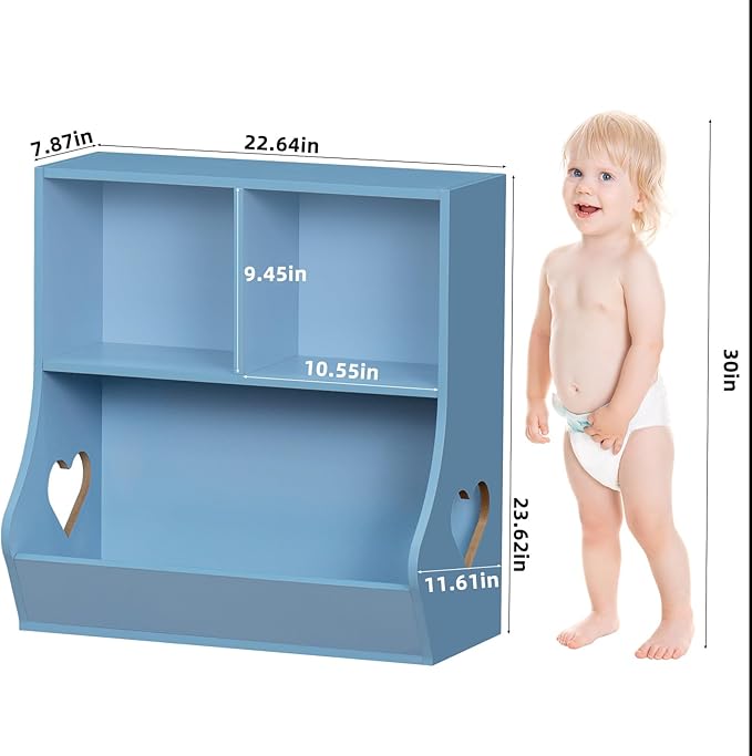 Lerliuo Baby Toddler Bookshelf and Storage Organizer, Kids Cabinet and Bookcase, Wooden 3 Cubby Children Book Shelf for Playroom, Bedroom, Nursery, School 23.62'' H (Blue)