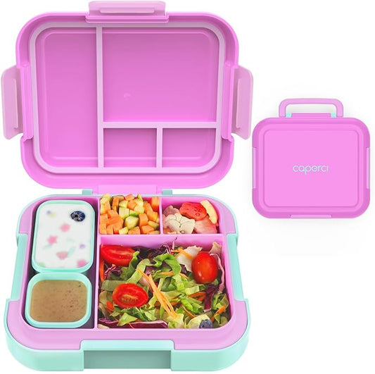 Caperci Bento Box for Kids - Large 4.8 Cups Lunch Box with Two Modular Containers - 4 Compartments, Leak-Proof, Portable Handle, Microwave/Dishwasher Safe, BPA-Free (Orchid/Light Cyan)