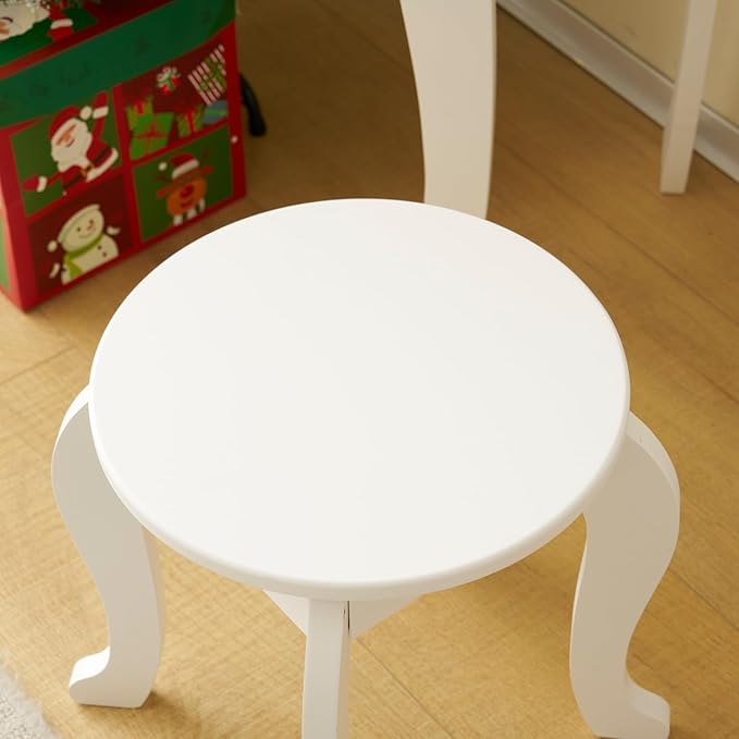 Kids Vanity Table and Chair Set, Girls Vanity Set with Mirror & 3-Color LED Lights, Pretend Play Kids Vanity with Drawer & Cute Bow Print, Makeup Dressing Princess Table for Girls, White