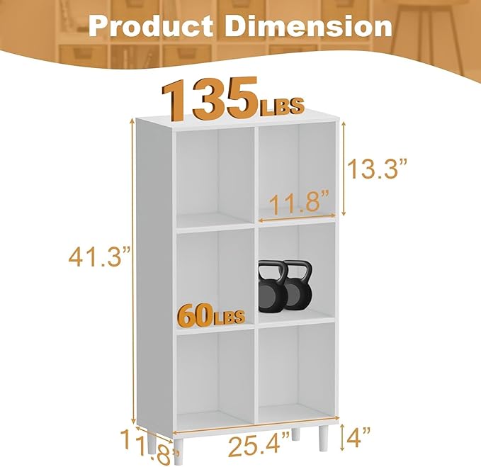6 Cube Storage Organizer | White Bookshelf|Tall Bookshelf | -Cubic Storage Cabinet（Storing Books,Toys & More(Easy to Install）
