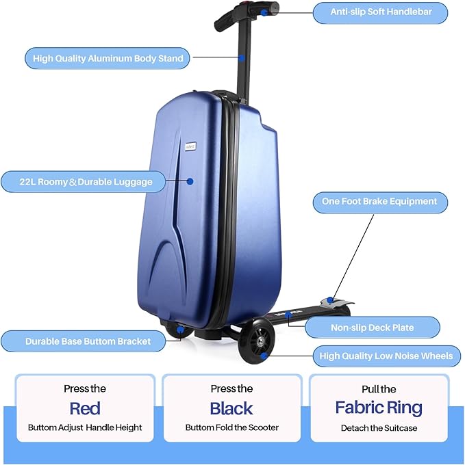 Scooter Luggage for Kids Scooter Suitcase for Ages 4-12, 4 in 1 Kids Luggage Boarding Suitcase Detachable & Foldable Scooter Travel Trolley Ride On Luggage-Blue
