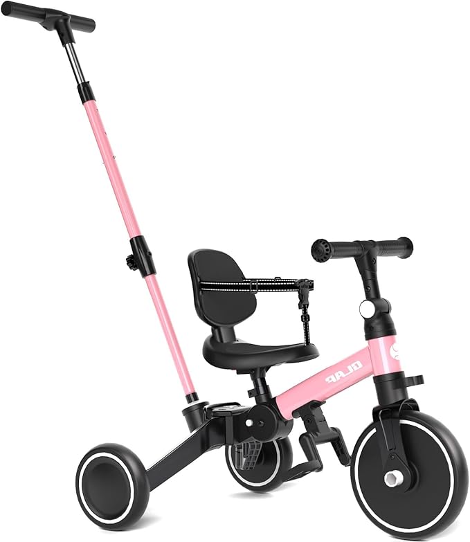 Glaf Tricycle for Toddlers 1-3 Toddler Bike Tricycles with Push Handle 2-4 Years Baby Bike Boys and Girls Balance Bike Birthday Toys with Removable Pedals Adjustable Seat Height and Backrest (Pink)
