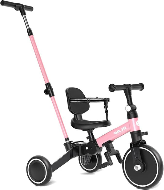Glaf Tricycle for Toddlers 1-3 Toddler Bike Tricycles with Push Handle 2-4 Years Baby Bike Boys and Girls Balance Bike Birthday Toys with Removable Pedals Adjustable Seat Height and Backrest (Pink)