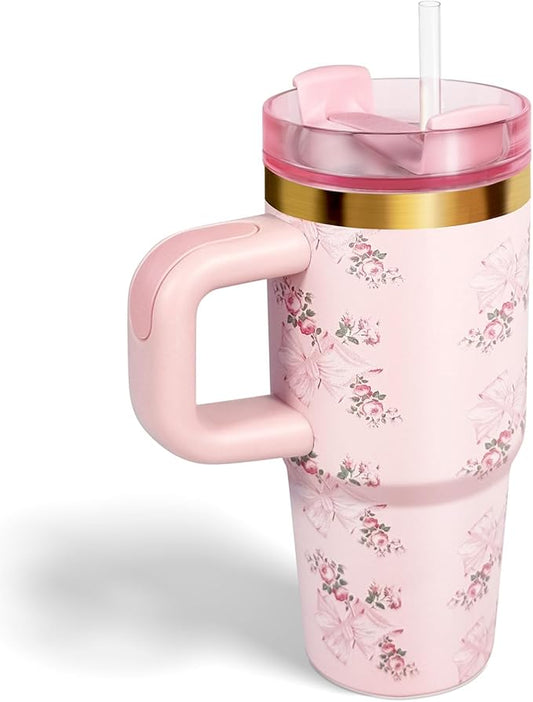 14 oz Tumbler with Handle and Straw, 14oz Toddler Tumbler with Lid and Straw for Kids Stainless Steel Tumblers, Outdoor Sports Travel School Gift, Keeps Drinks Cold up to 24 Hrs(Pink bow)