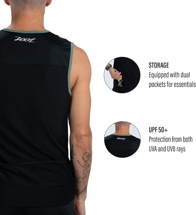 Zoot Men’s Core Tri Tank, Performance Triathlon Race Tank Top, UPF 50+ Fabric, Rear Pockets, Mesh Panels, & Cam Lock Zipper