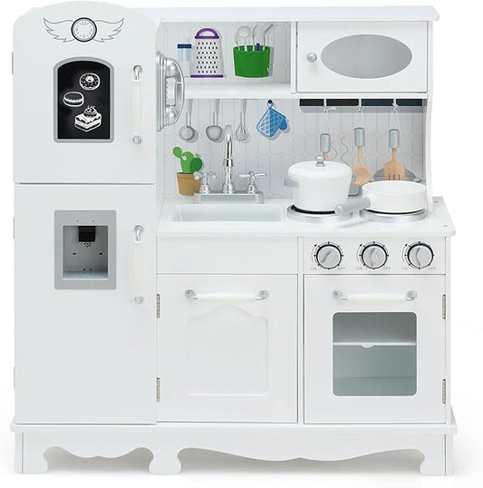 HONEY JOY Kids Kitchen Playset, Wooden Pretend Play Kitchen for Toddlers, Cookware, Phone, Storage Cabinet, Water Dispenser, Blackboard, Little Chef Toy Kitchen Set, Gift for Boys Girls 3+, White