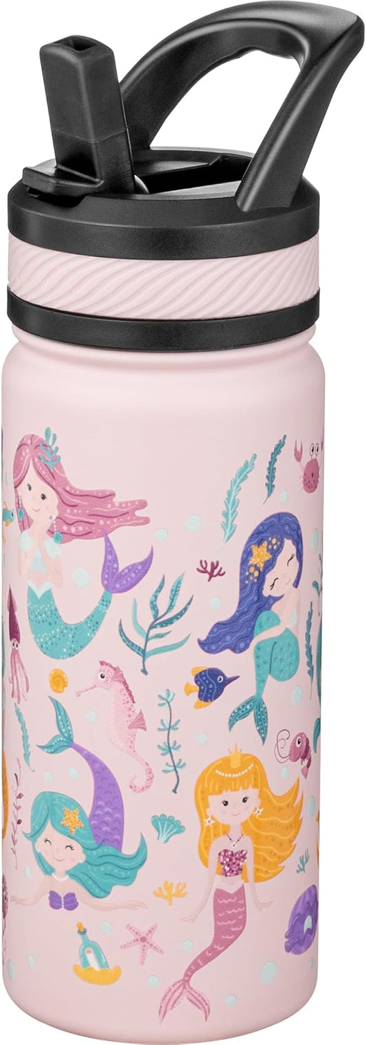 Fanhaw 18 Oz Kids Insulated Water Bottle with Straw - Stainless Steel Double Wall Vacuum Cup, Leakproof, BPA Free, Suitable for Boys and Girls(Pink - Sweat Mermaids)