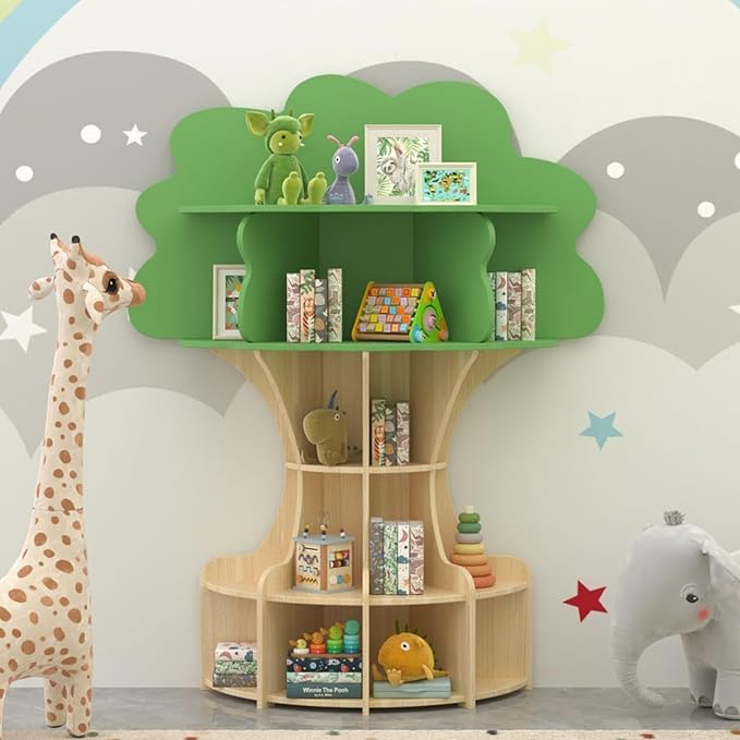 Tree Kids Bookshelf, Fun and Sturdy 5-Tier Wooden Book Organizer, Montessori Nursery Book Shelf for Toddlers, Kids Room and Playroom