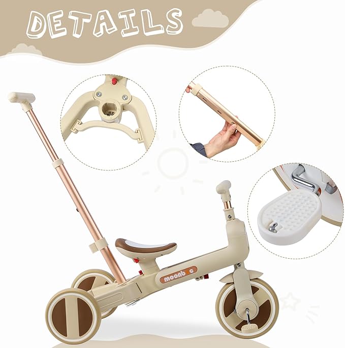 WEEROCK 6 in 1 Foldable Toddler Tricycle Kid Tricycles with/Without Parent Steering Push Handle Boys Girls Balance Bike for 1-6 Years Old Toy Gift, Beige