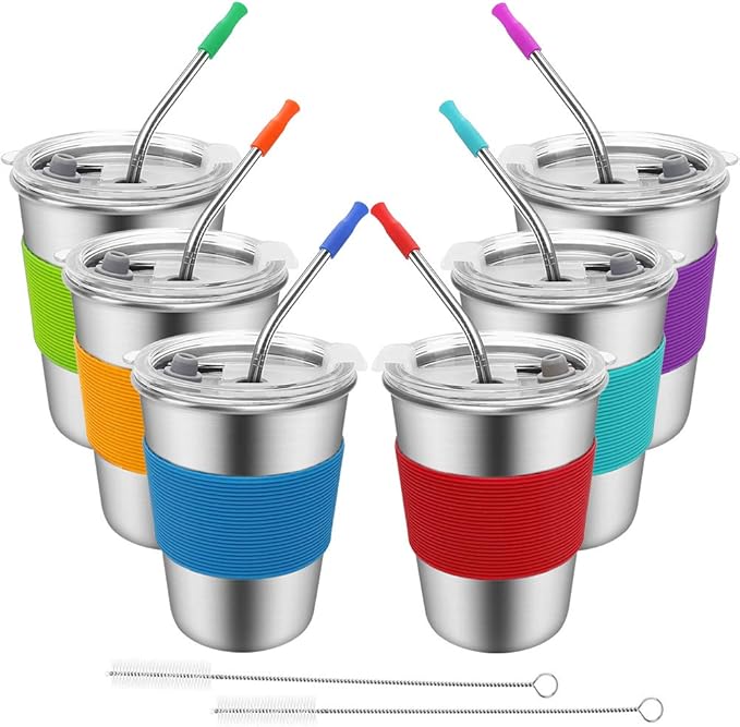 Stainless Steel Kids Cups, 6 Pack 12oz Leak Proof Kids Straw Cup Sippy Tumblers with Lid and Straw, Unbreakable Water Drinking Glasses, BPA-Free Metal Mug for Toddler Children Adult Indoor Outdoor