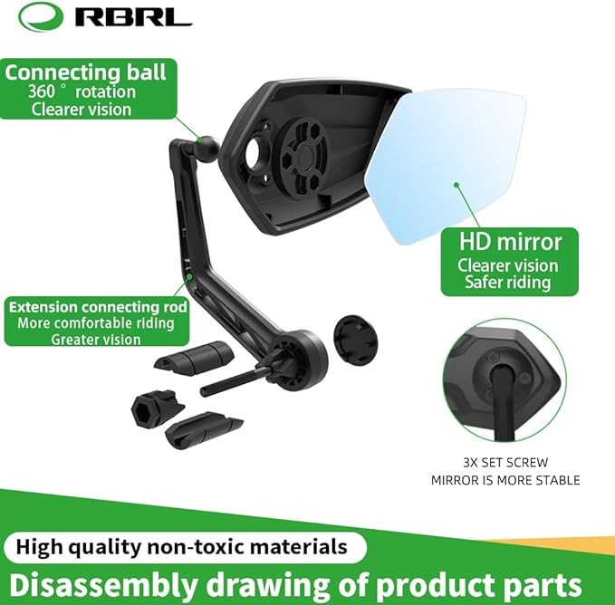 RBRL Bike Mirror Bar End Bike Mirror, Rotatable Bicycle Mirror, Automotive Grade Glass Bike Side Mirrors, Scratch Resistant E-Bike Universal Rearview Mirrors for Mountain bike (Right)