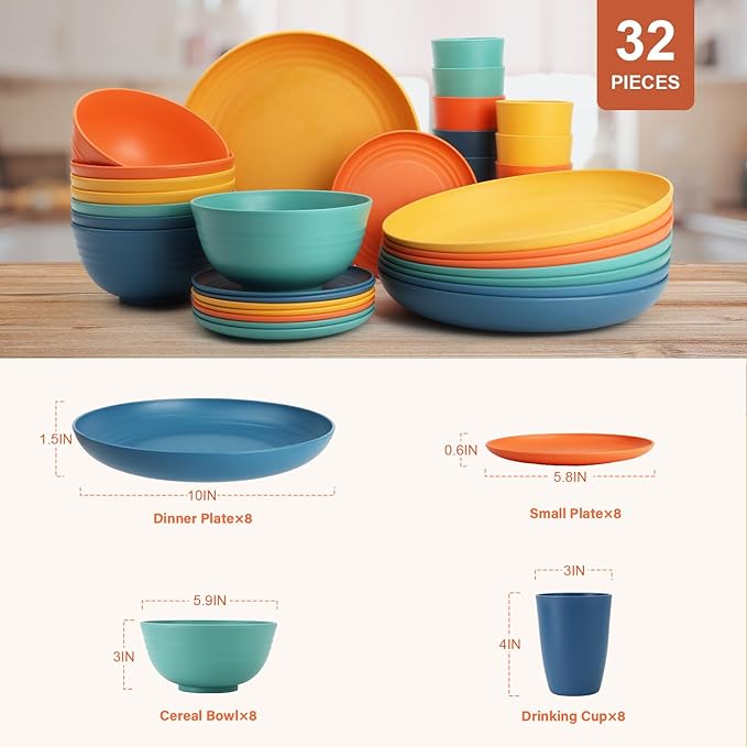 Wheat Straw Dinnerware Sets for 8, Unbreakable Plates and Bowls Sets for 8, 32-Piece Dishes Set, Microwave Safe Plastic Plates Reusable, Cups and Bowls Sets for Kitchen, Outdoor - Multi