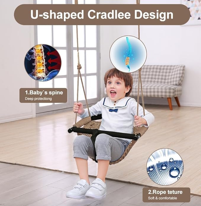 2 -in- 1 Toddler Swing. Swing Seat for Kids with Adjustable Ropes, for Kids Heavy Duty Rope Play Secure Children Swings Set, for Outdoor Indoor, (Light Brown 2-Pack)