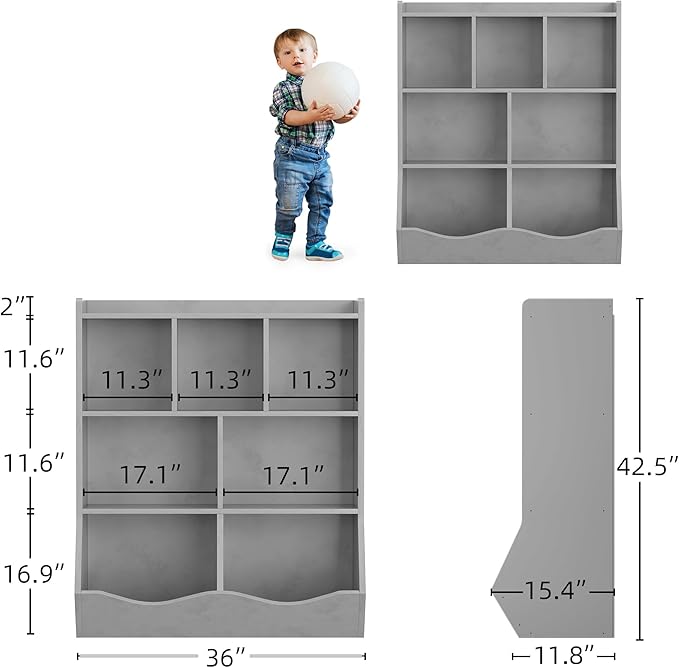 GarveeHome Grey Toy Storage Cabinet, Three-Tier Kids Bookshelf and Bookcase for Storage Books and Toys, Multi Shelf with Cubby Organizer for Bedroom and Playroom