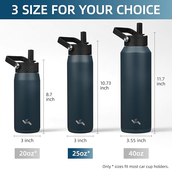 25oz Insulated Stainless Steel Water Bottle with Straw and 3 Lids, BPA-Free Sports Water Bottle,travel water bottle,Navy Blue