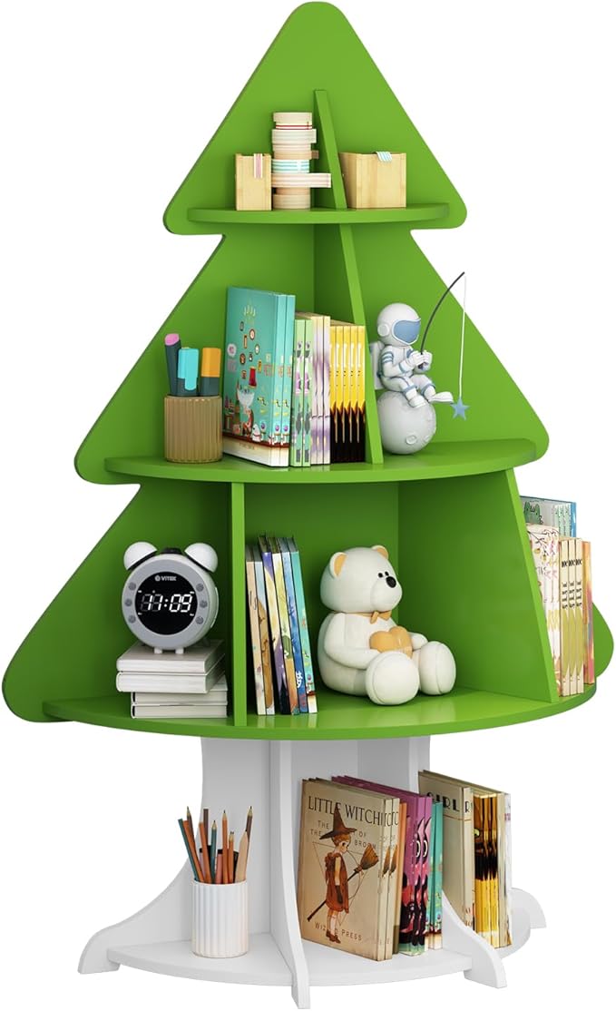 Christmas Tree Shelf Kids Bookshelf Toddler Bookcase 4-Tier Baby Book Rack Children Toy Storage Organizer Wood Display Shelf Nursery Playroom Bedroom Classroom School Homeschooling Boy Girl Gift