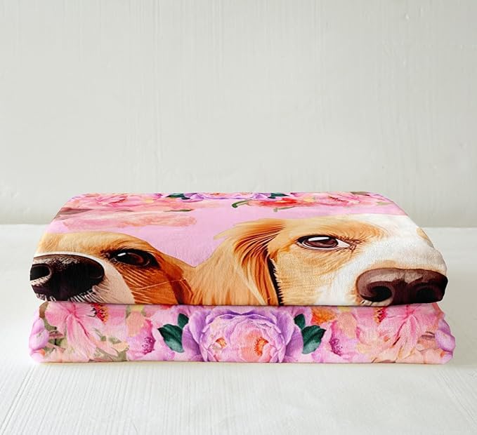 Cute Dog Toddler Fleece Throw Blanket Kids Cartoon Puppy Dog Sherpa Blanket Girls Pink Colorful Floral Fuzzy Blanket Kawaii Animal Plush Blanket for Sofa Bed Couch Lovely Pet Decor Queen 90x90 Inch