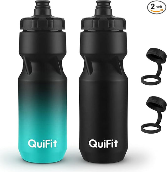 QuiFit Squeeze Water Bottle 2-Pack, Leak Proof Mountain Bike Water Bottle Plastic with Dust Cover, BPA Free, Fits Most Bike Cup Holders, for Outdoors, Riding, Gym(Black+Black Green, 24oz)
