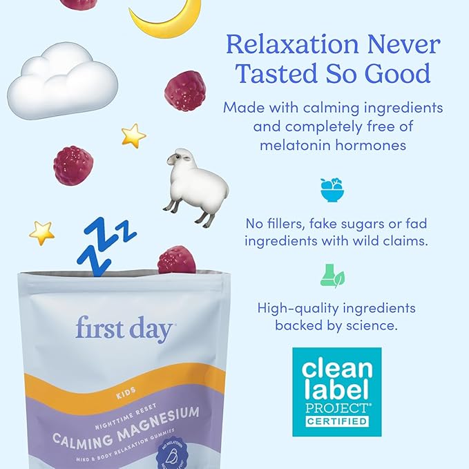 FIRST DAY Kids Magnesium Citrate Gummies (Ages 4+) with No Melatonin | Calm Kids Magnesium Gummies | Bedtime Supplement for Better Sleep with Suntheanine® L-Theanine | Strawberry | 30-Days Supply