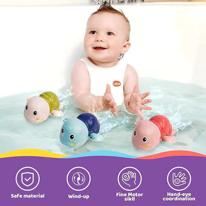 LiKee Bath Toys 3 Pack with 3 Colors | Cute Swimming Turtles Wind Up Toys for Baby Toddlers 1+ Years Old | Floating Bath & Pool Toys for Kids Age 1-3-5 | Baby Shower & Birthday Gift (Boys Girls)