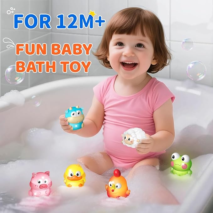 6 Packs Light Up Bath Toys for Kids Ages 1-3, Farm Animals Bathtub Toys for Toddlers 2-4, Water Pool Toys for 1 2 3 Year Old Boys Girls Babies 12-18 Months Gifts