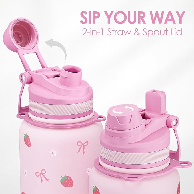 SANDJEST Strawberry Stainless Steel Water Bottle with Strap 32oz, Insulated Bottles with Straw and Spout Lid for Gym Sports Travel Outdoor, Gifts for Women Girls Birthday Christmas