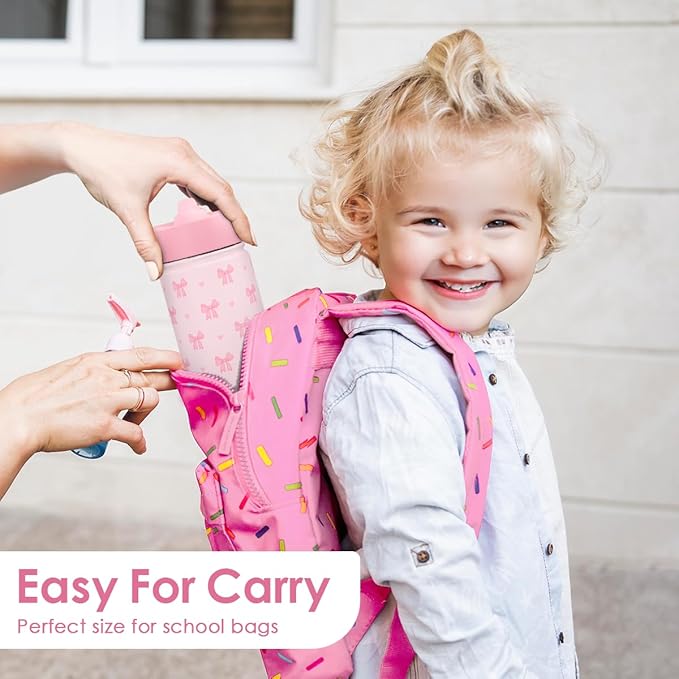 Bow Kids Water Bottle With Straw Lid 12oz Insulated Stainless Steel, Travel Tumbler, Pink Bow Gifts For Girls, Birthday, Christmas, Back To School